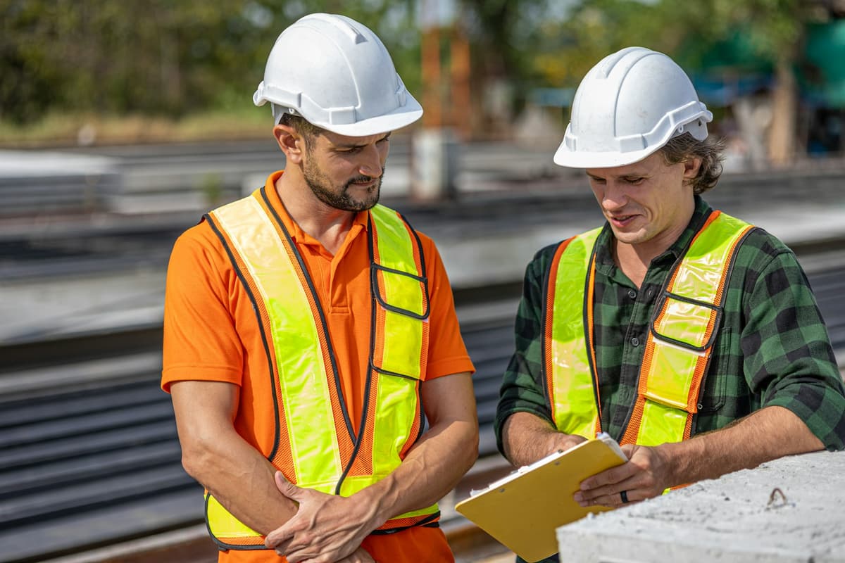 Engineers reviewing safety documents on a construction site