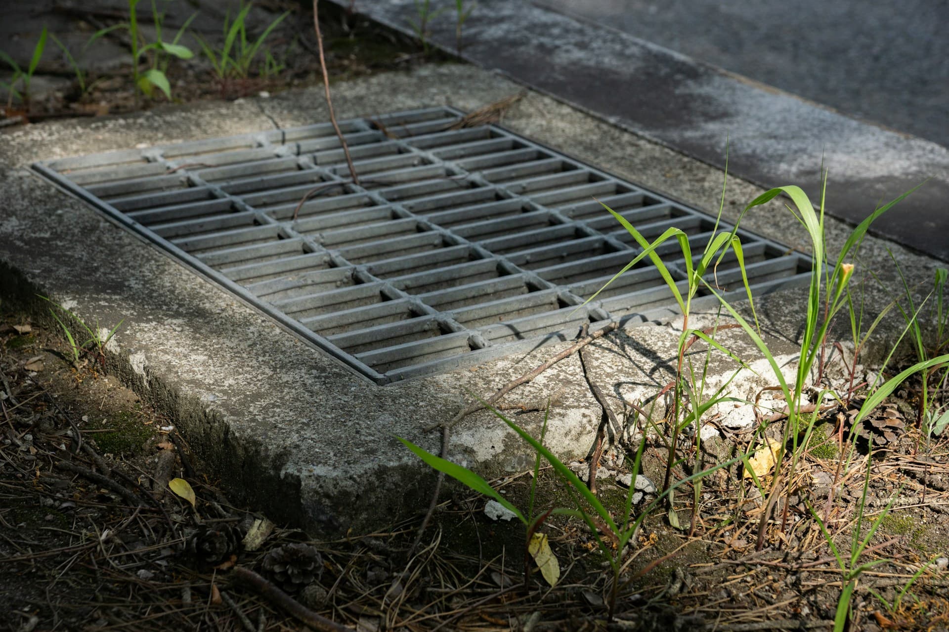 Metal stormwater drainage grate set in a concrete pit surrounded by grass and dirt